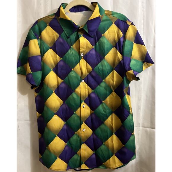 Mardi Gras Print Casual Button Down Short Sleeve Shirt New Orleans Small W/Beads - Picture 9 of 15